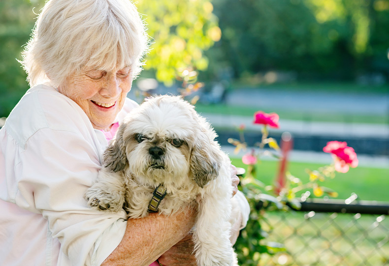 A person holding a dog.