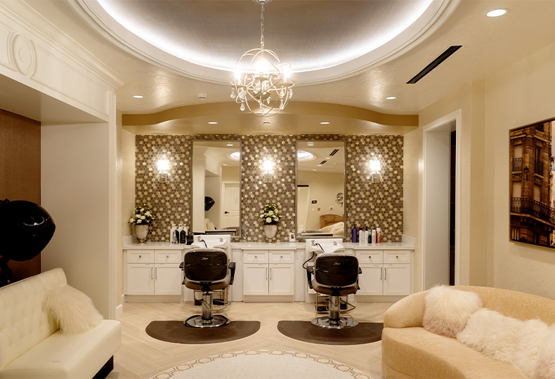 A salon with styling stations.
