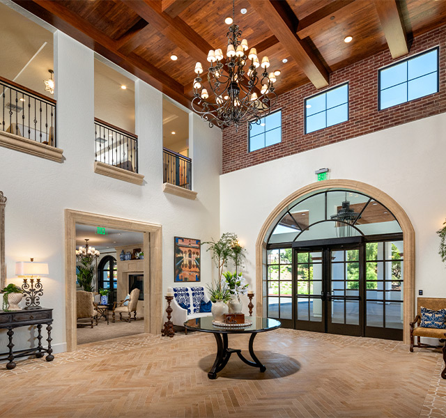 A lobby with Spanish decor.