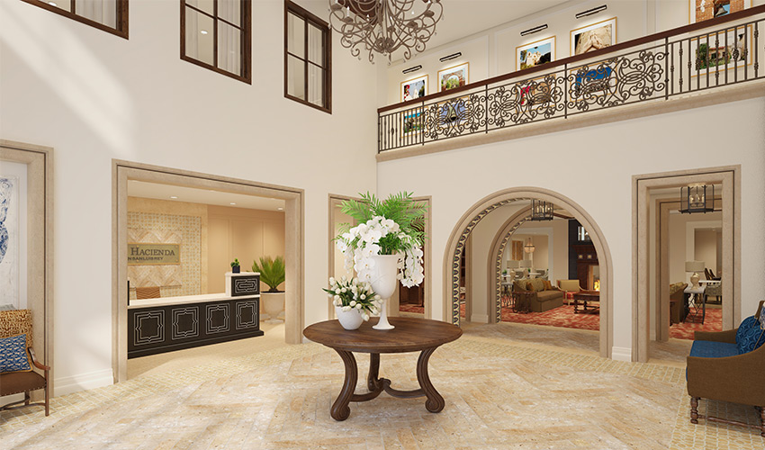 A beautiful lobby area with an upper level.
