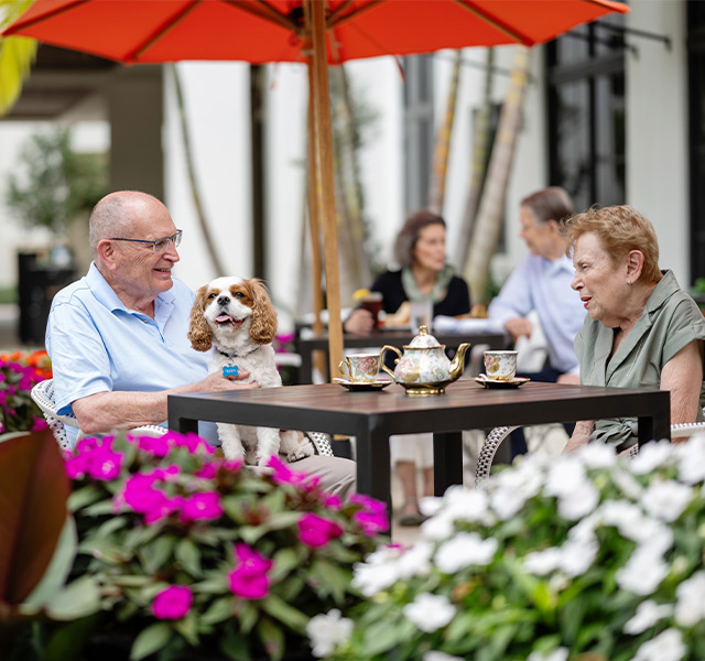 Two people having tea on the patio with their dog.