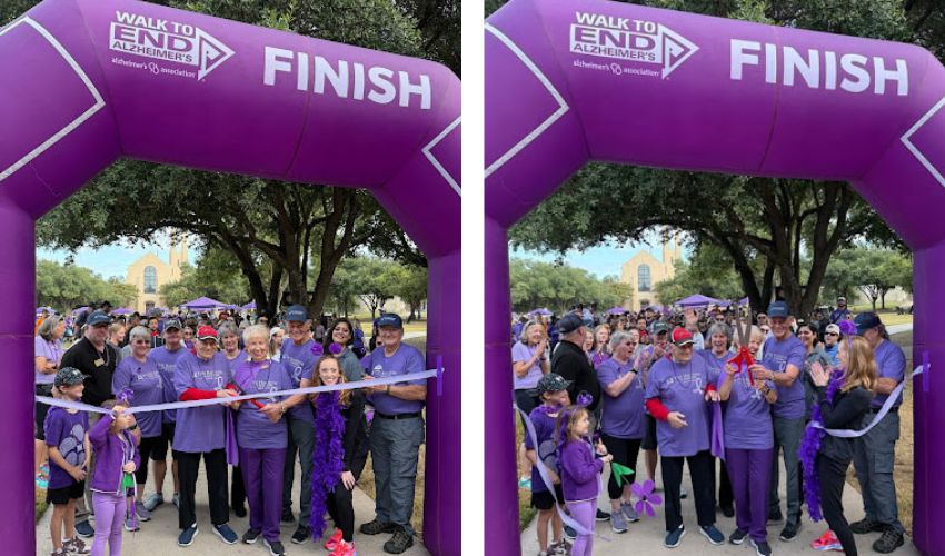 People at the finish line for an Alzheimer's event.
