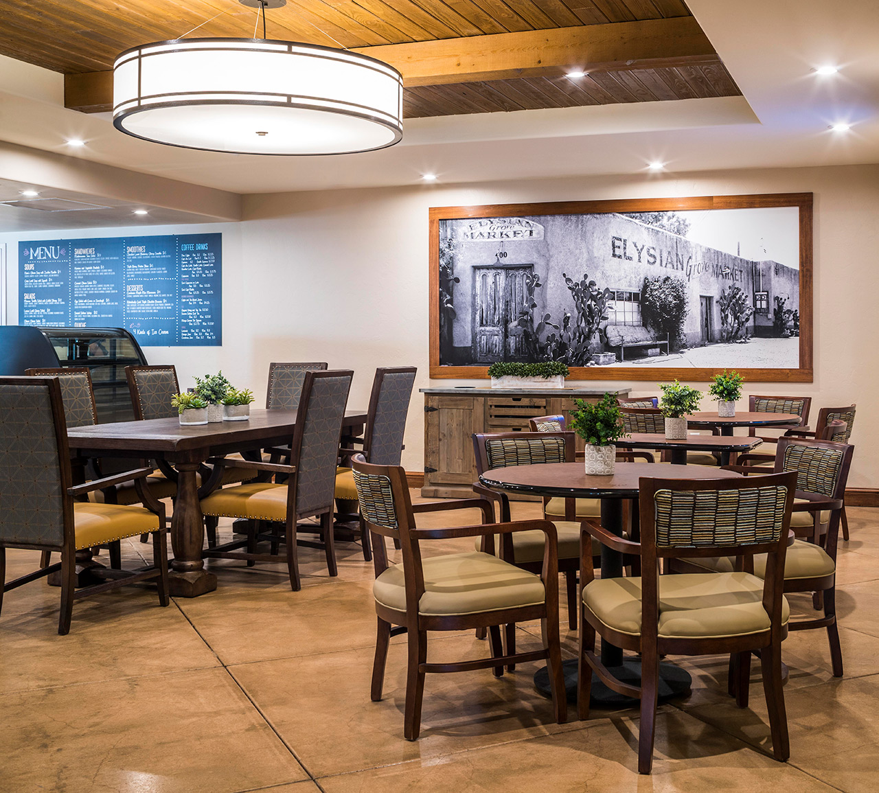 Dining room with seating area.
