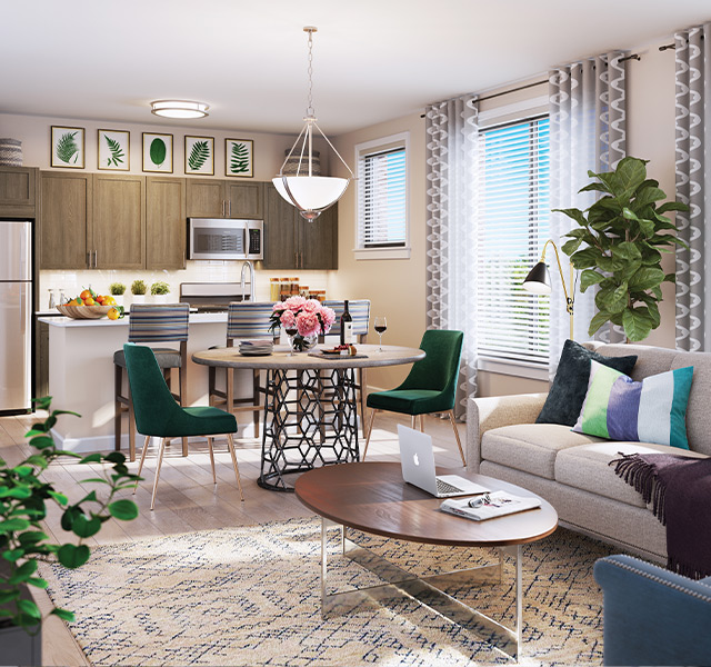 Furnished living room space with sofa, table, and seating area.
