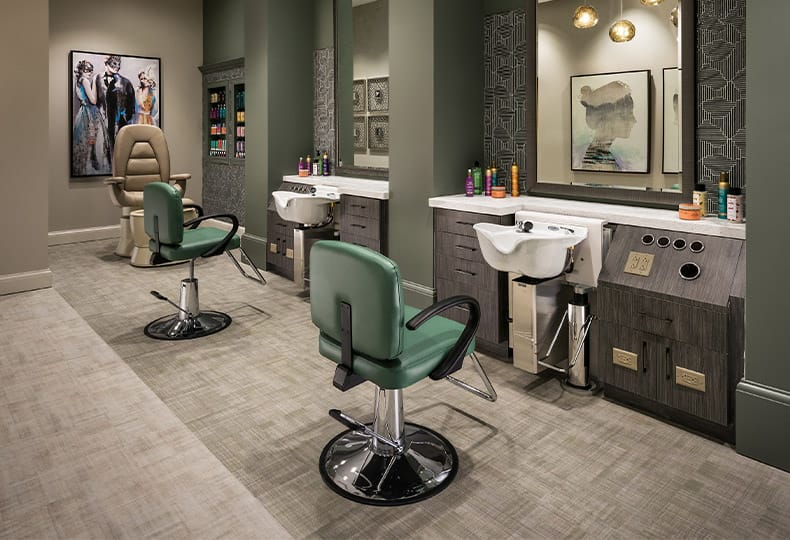 Salon chairs found in the on-site salon at The Preston of The Park Cities. 