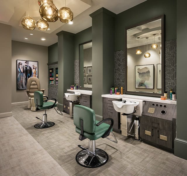 Salon chairs found in the on-site salon at The Preston of The Park Cities