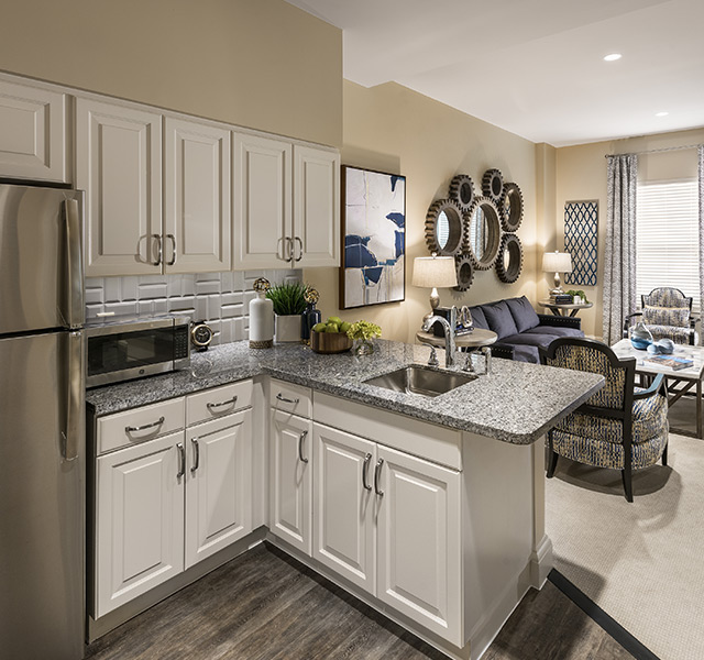 An open floor plan style room with the kitchen and living room in the back.