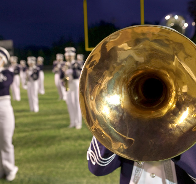 Close up of a marching band.