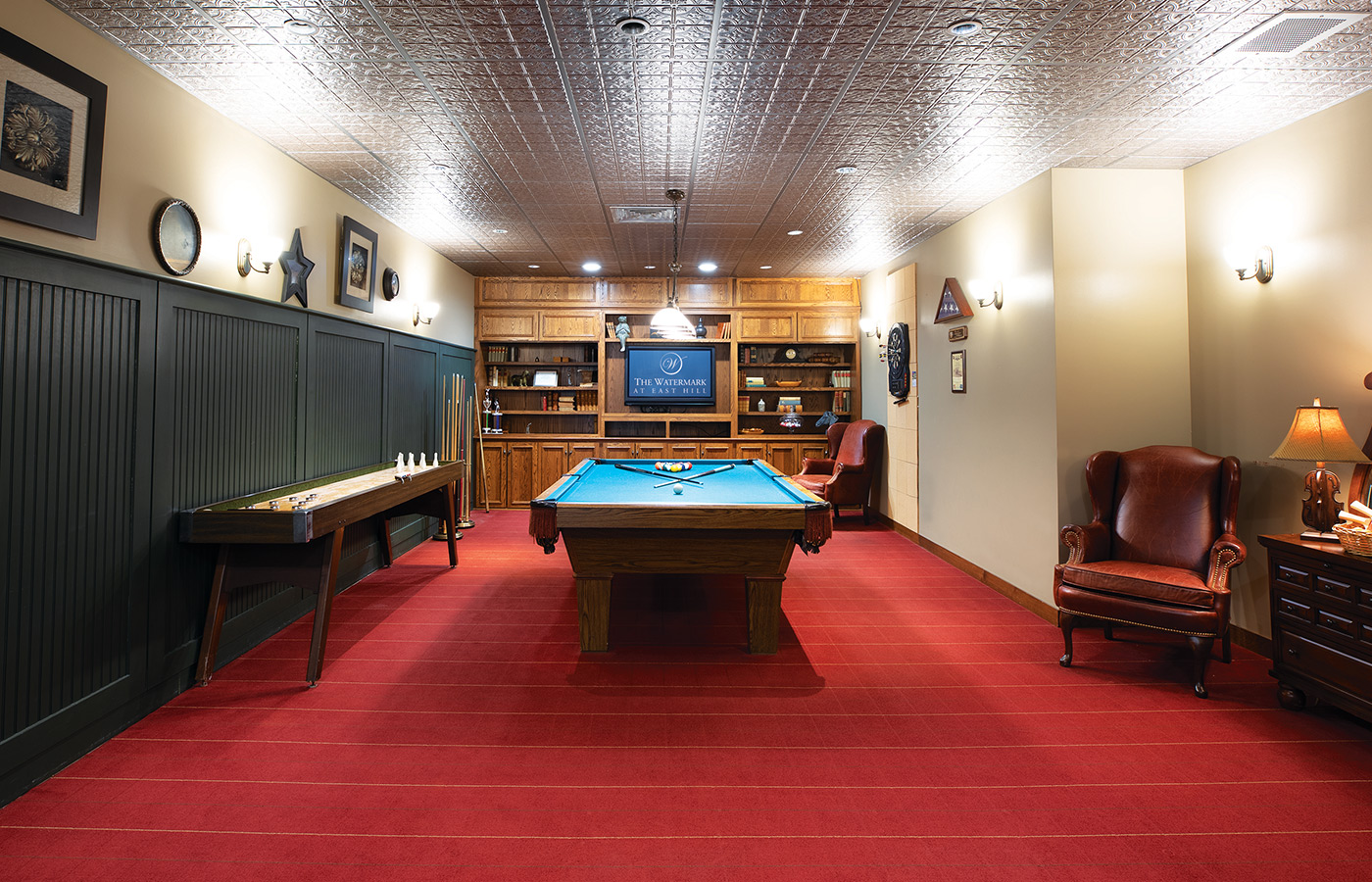 A billiards room at The Watermark at East Hill.