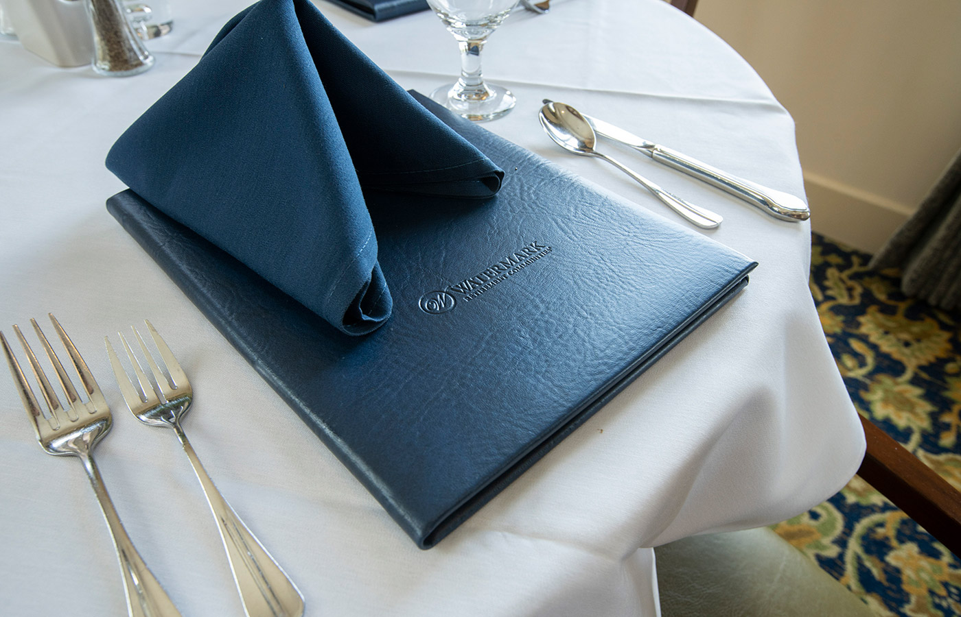 A place setting in the dining area at The Watermark at San Ramon.