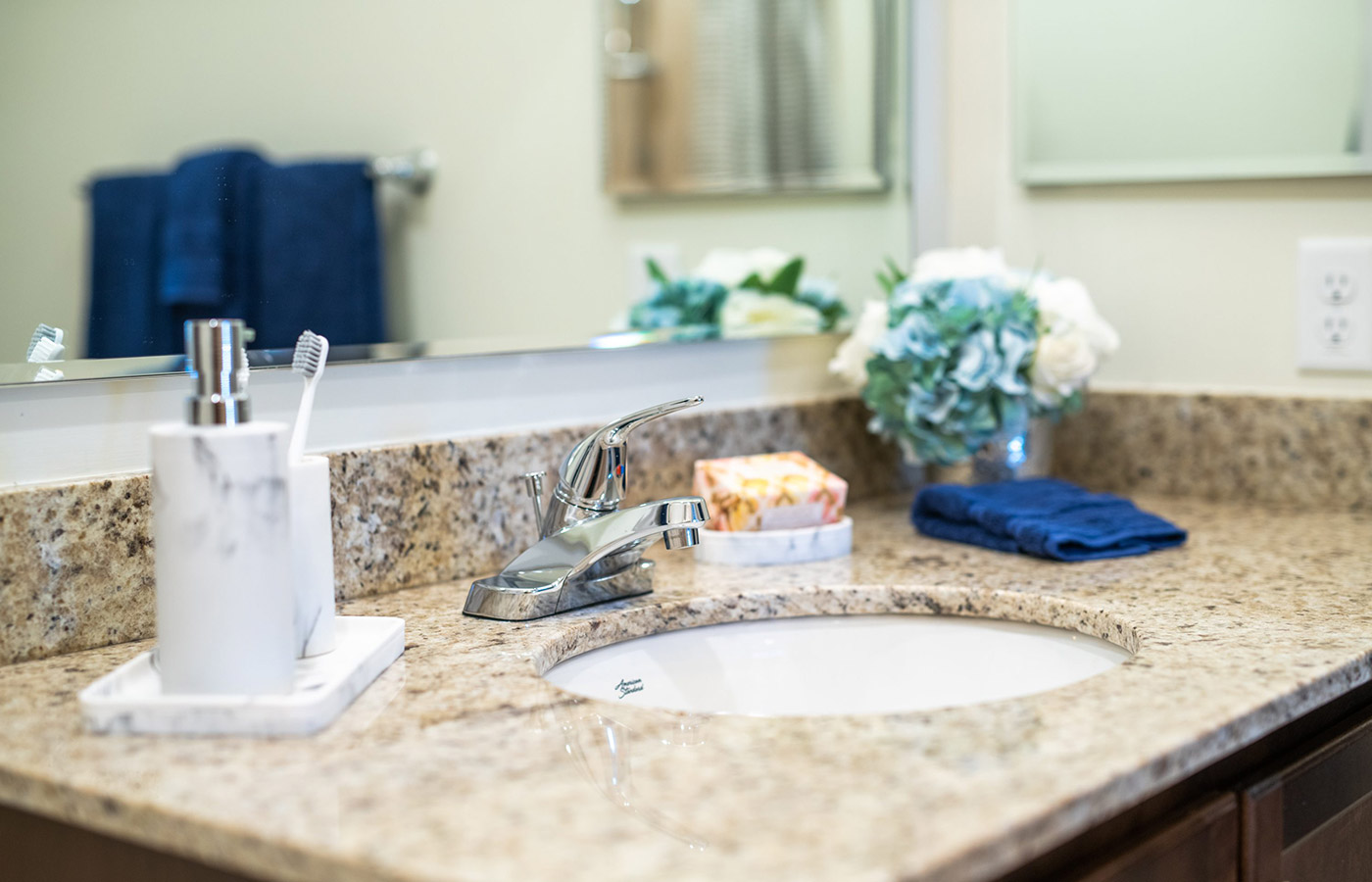 A bathroom in an apartment at The Watermark at Trinity.