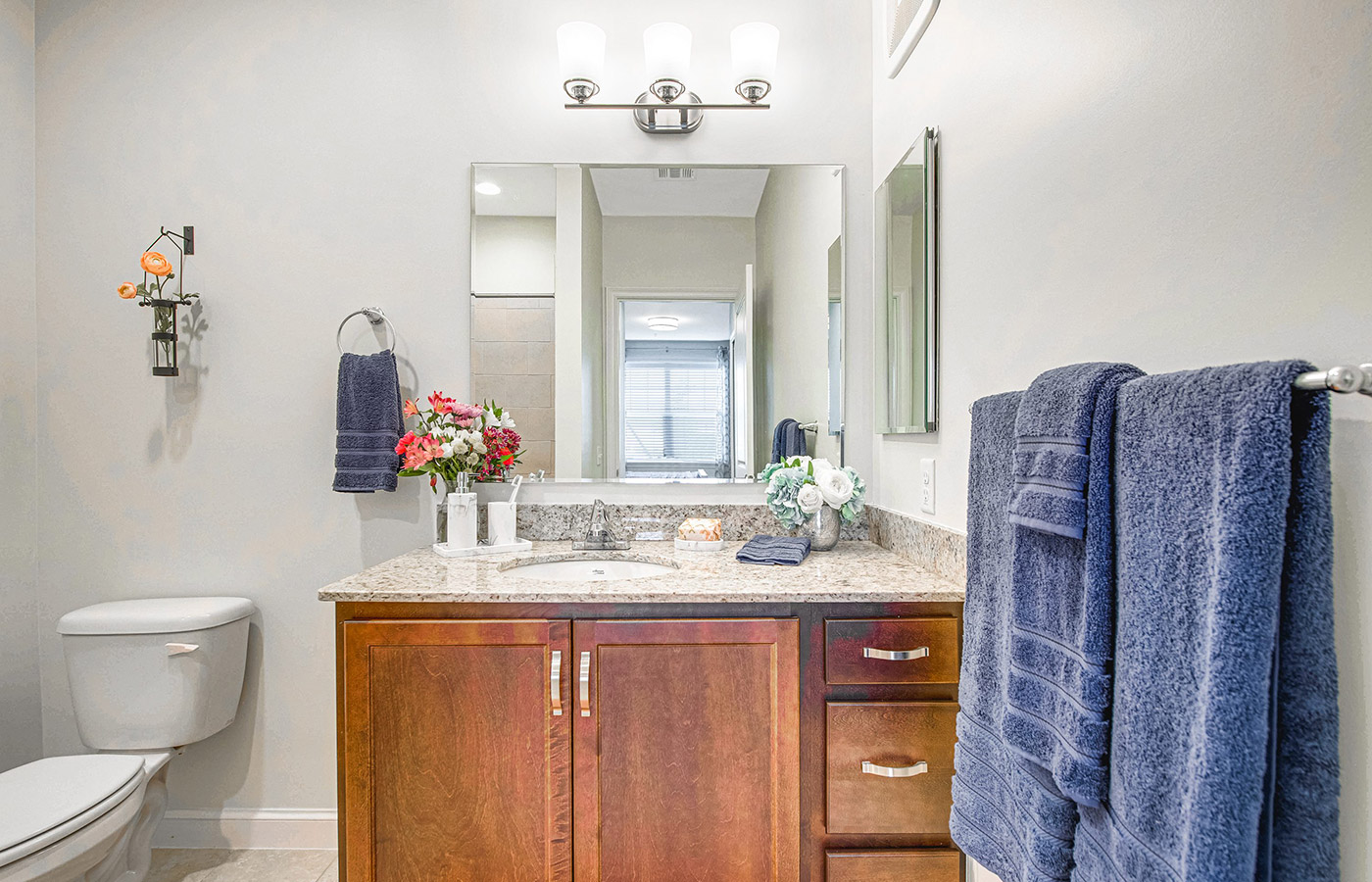 A bathroom in an apartment at The Watermark at Trinity.
