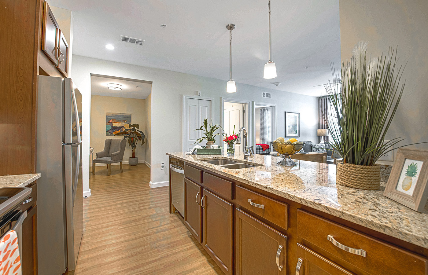 A kitchen in an apartment at The Watermark at Trinity.
