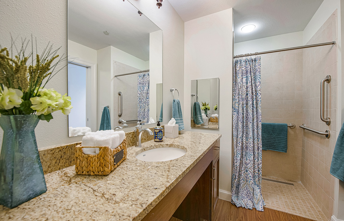A bathroom in an apartment at The Watermark at Trinity.
