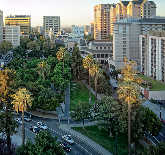 A buildings and trees in downtown San Jose.
