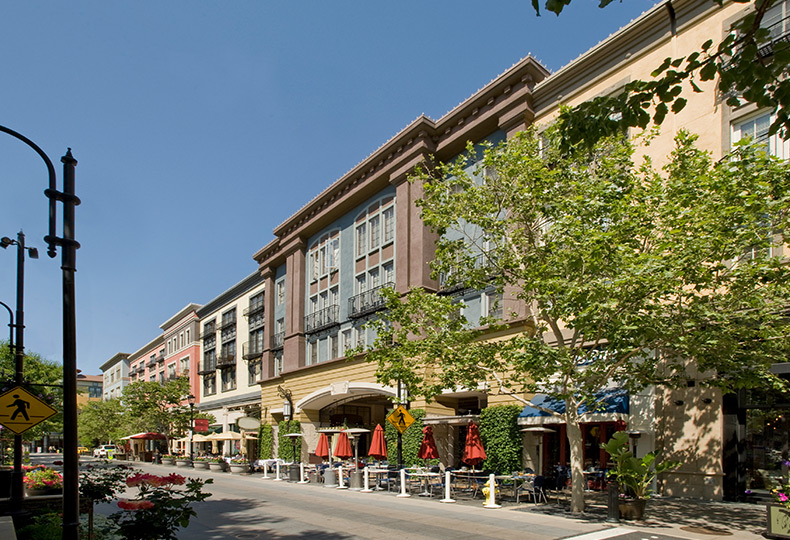 Shop exteriors along Santana Row.