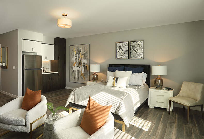 A fully furnished studio apartment.