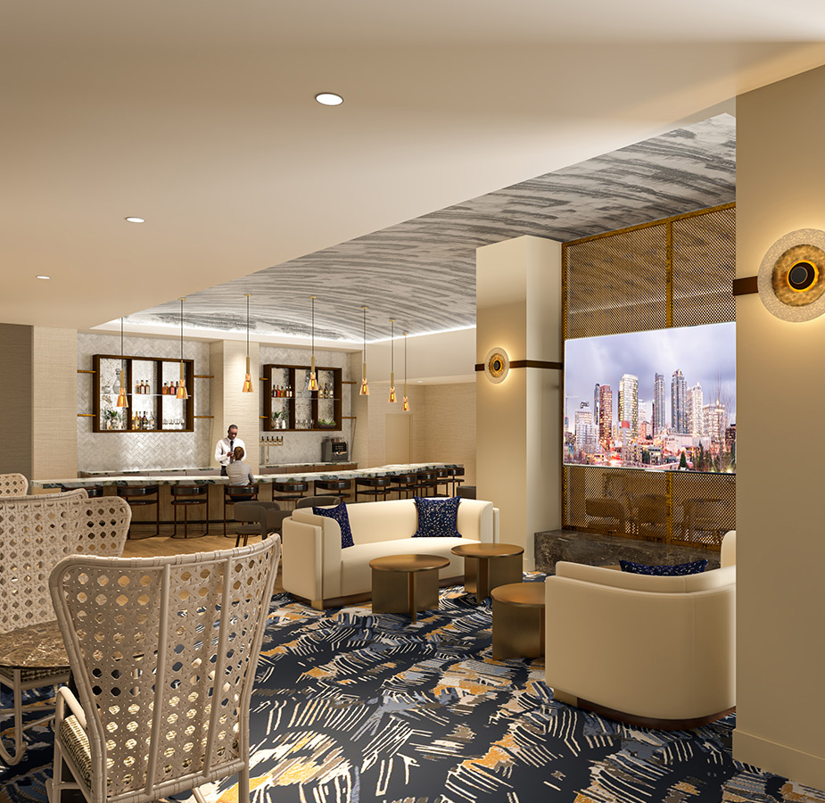 A lounge with a bar.