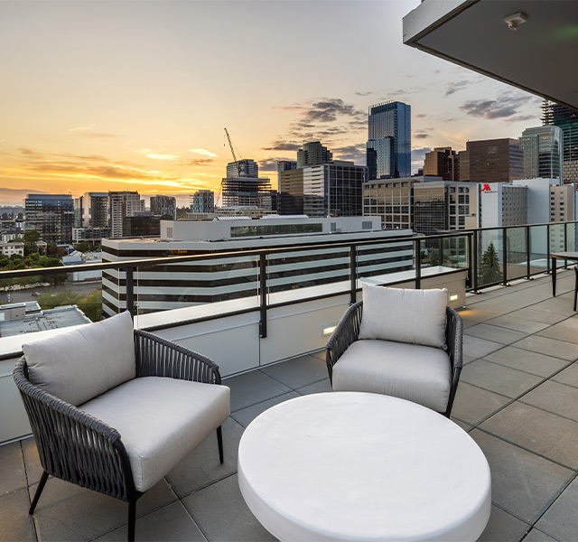 A balcony with seating.