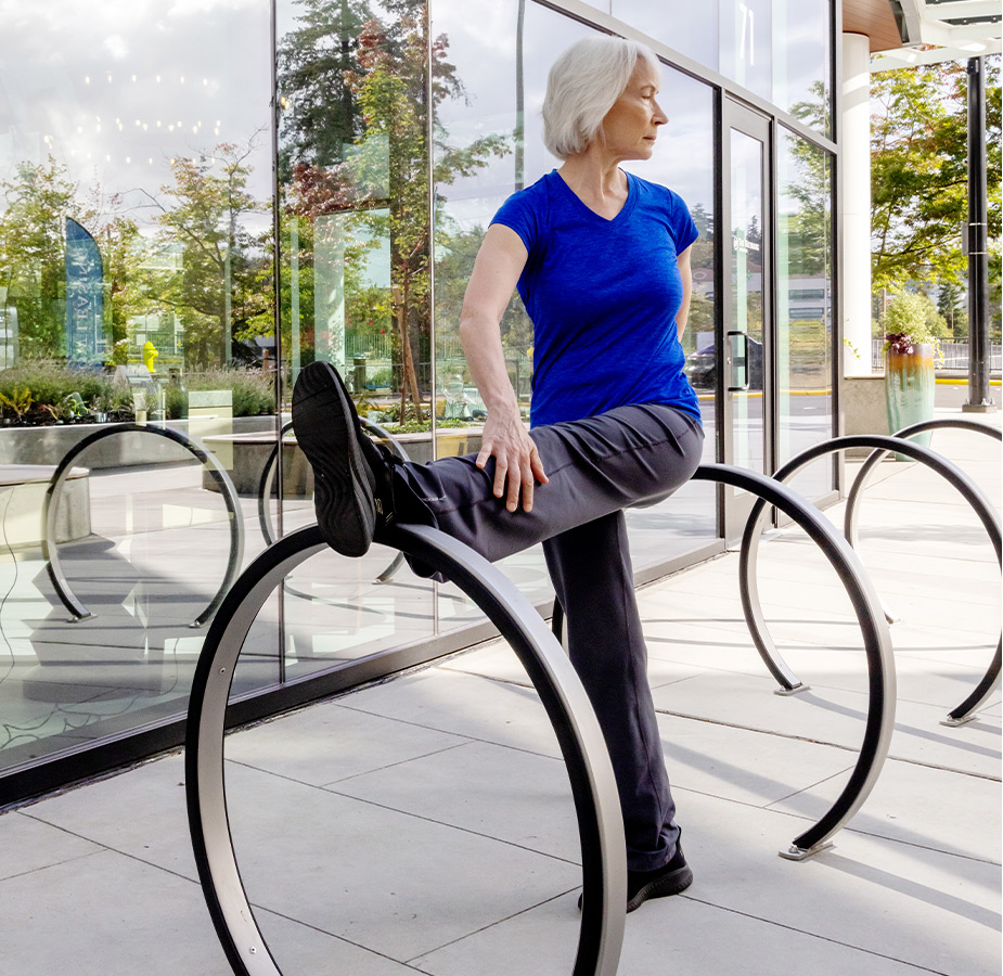 A person stretching outside.