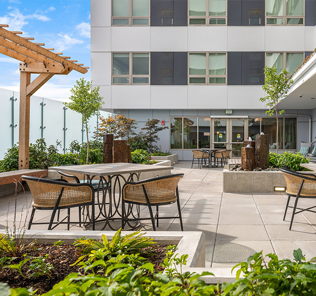 An outdoor space with seating.