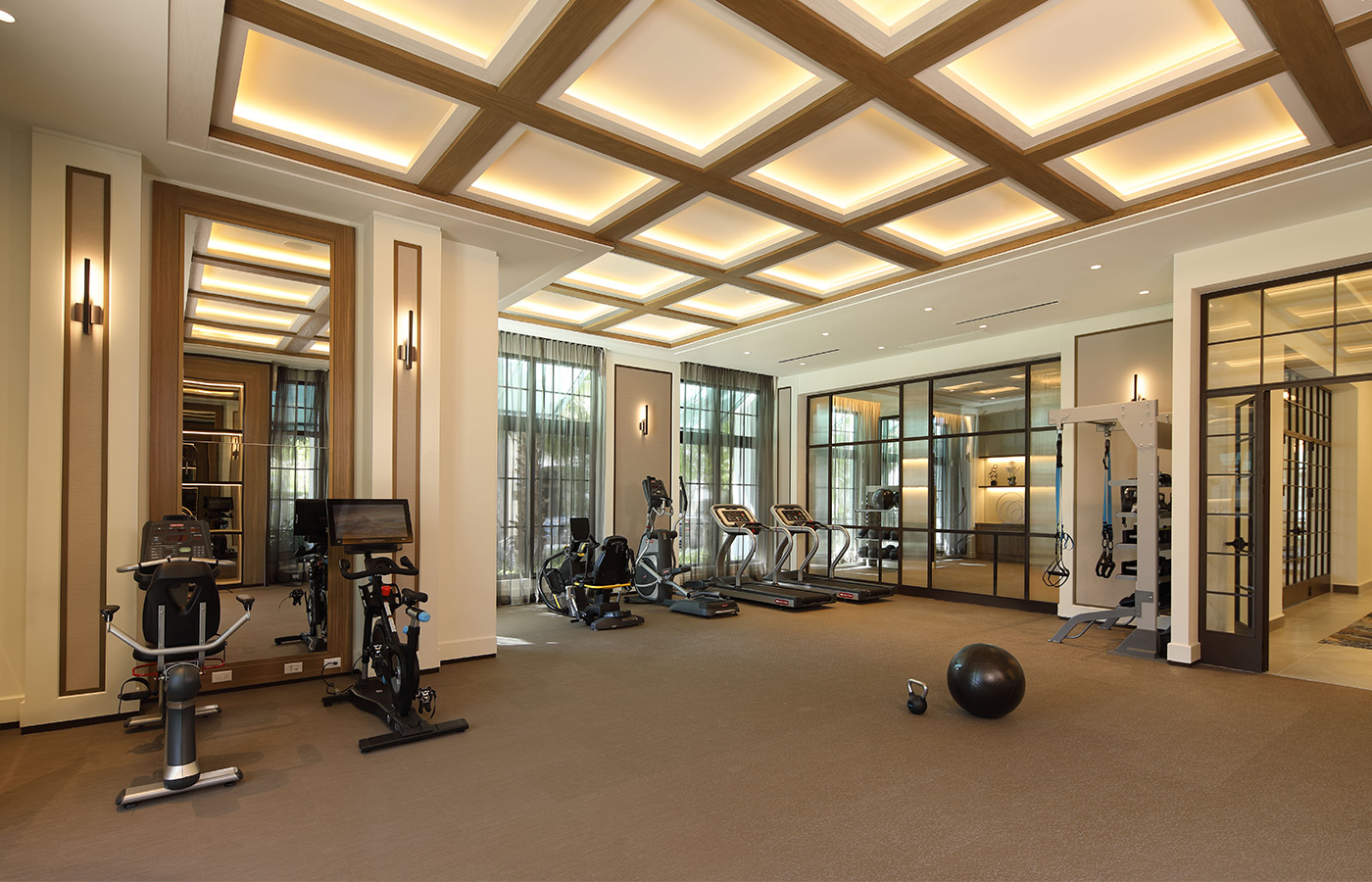 The fitness center with exercise equipment.