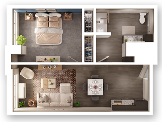 A 3D look at a floor plan.