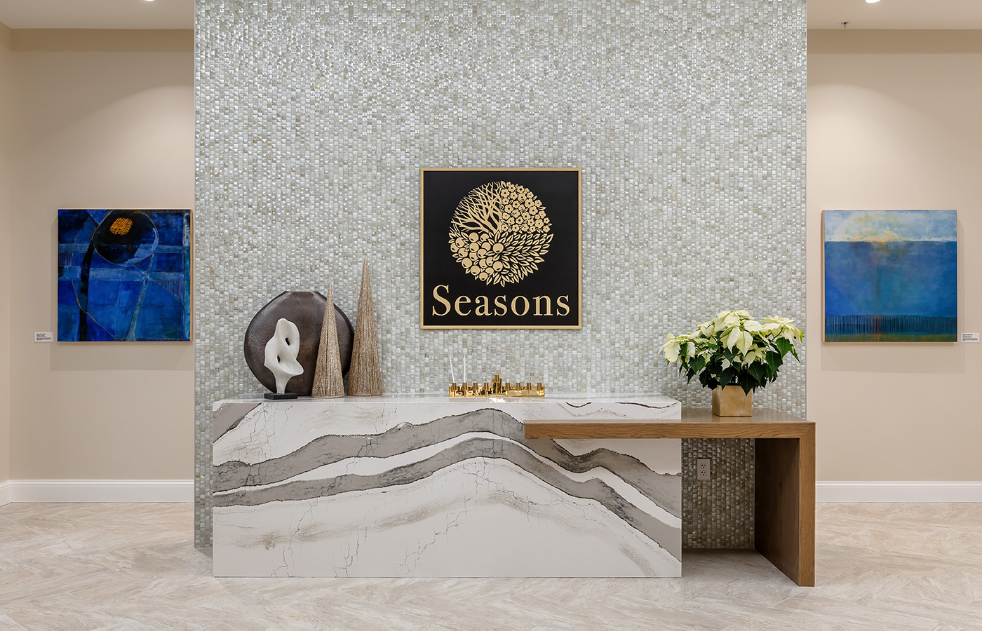 A sign for Seasons with modern decor.