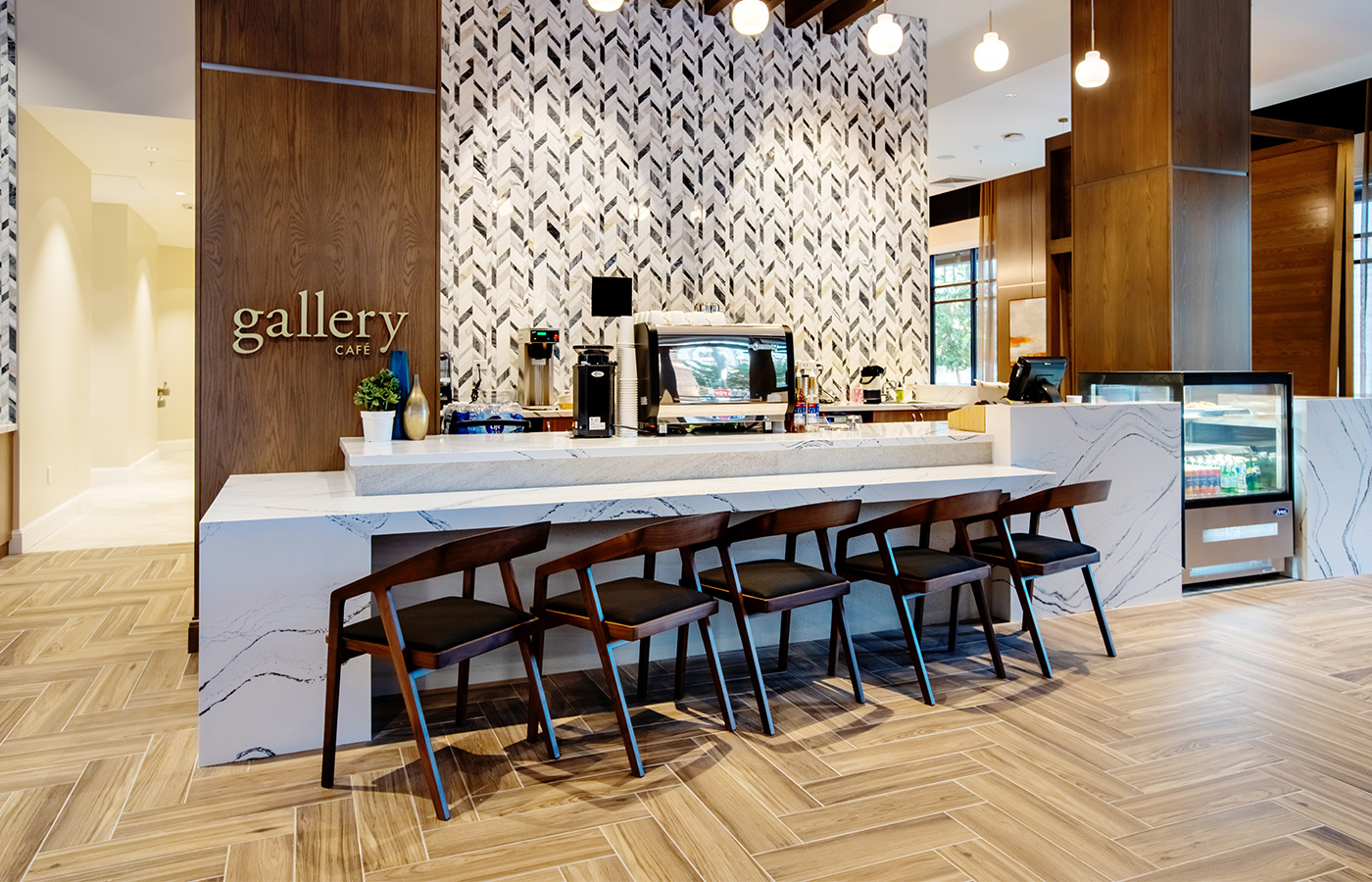 The gallery cafe with counter seating.