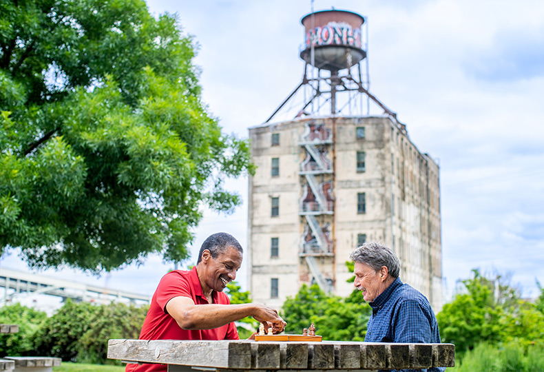 Two people playing chess.
