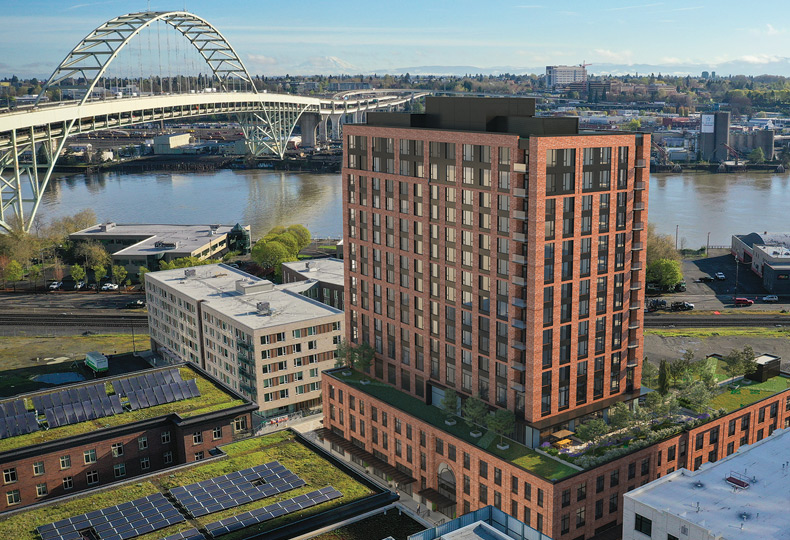 Aerial view of Portland, Oregon, showing the river and iconic bridge view from The Watermark at the Pearl, luxury senior living in Portland