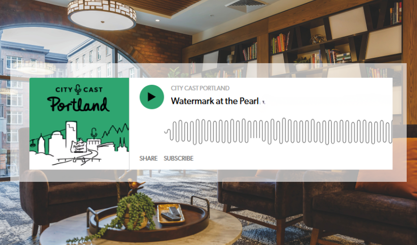 City Cast Portland logo over The Watermark at the Pearl library.