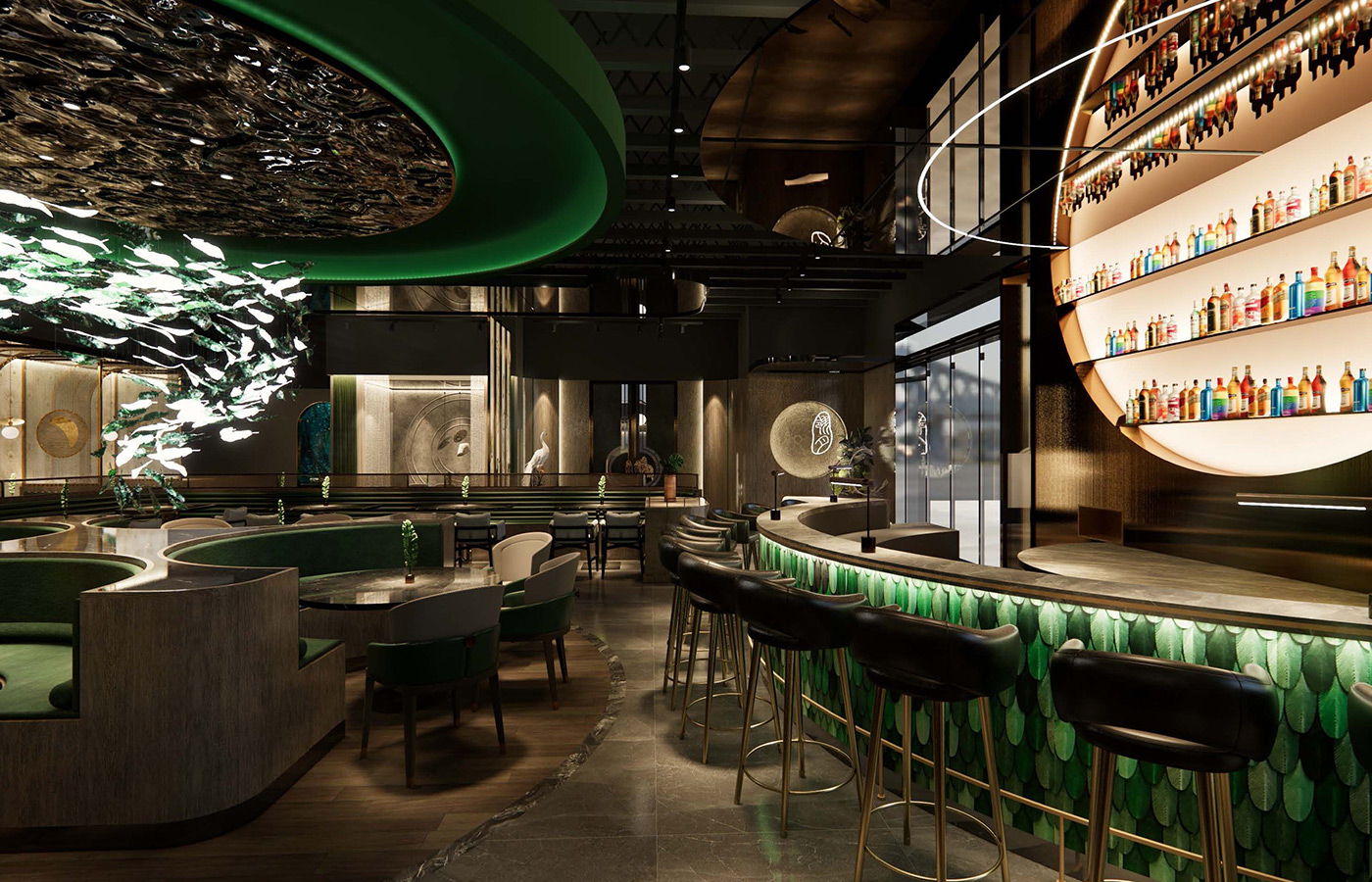 Bar and restaurant with green accent lighting. 