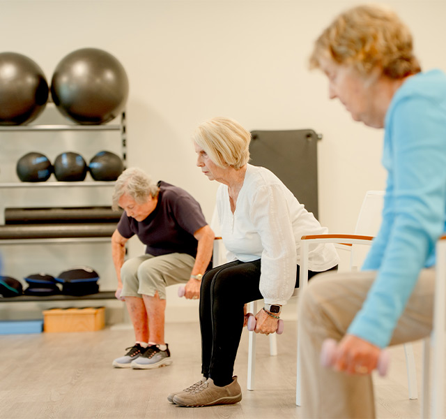 People working out in a seated fitness class.