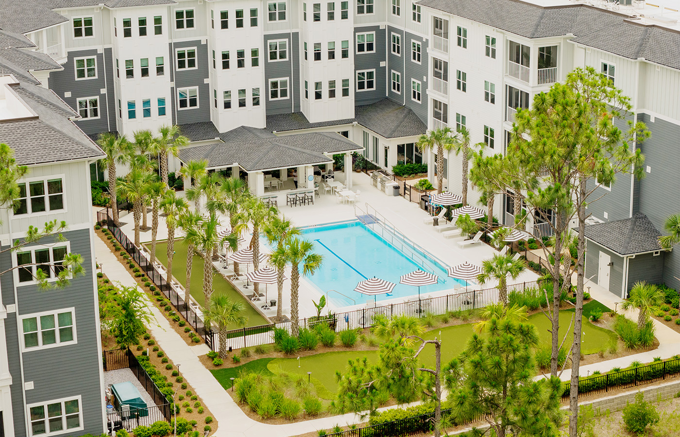 The building exterior with a pool.