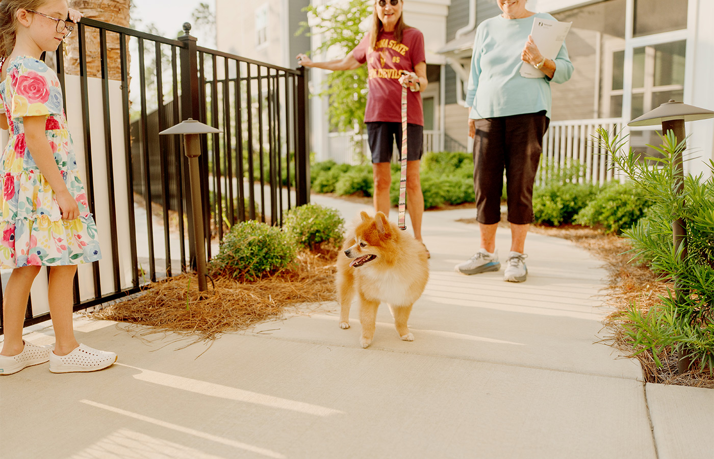 People walking a dog.