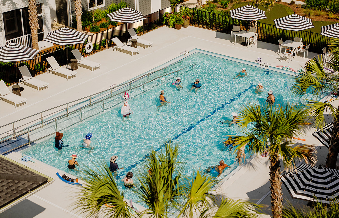 A group of people in the pool.