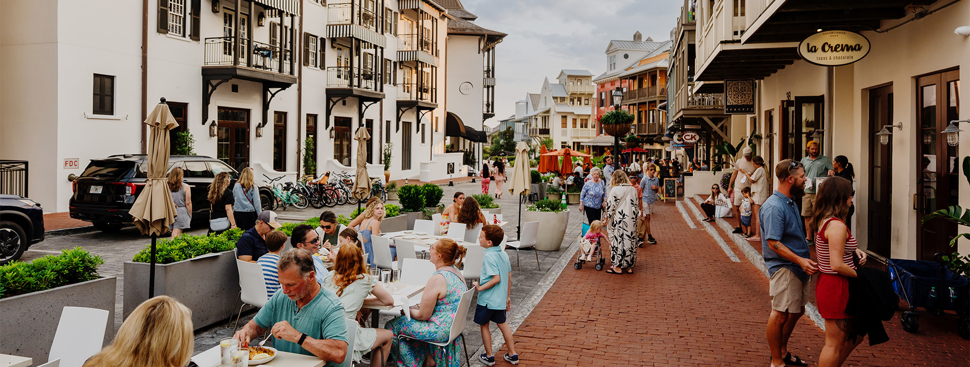 A town with people milling about.
