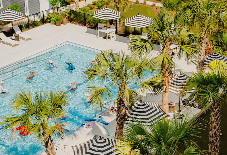 A group of people working out in the pool.