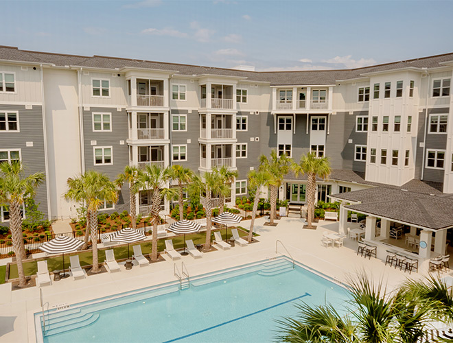 A building with a pool.
