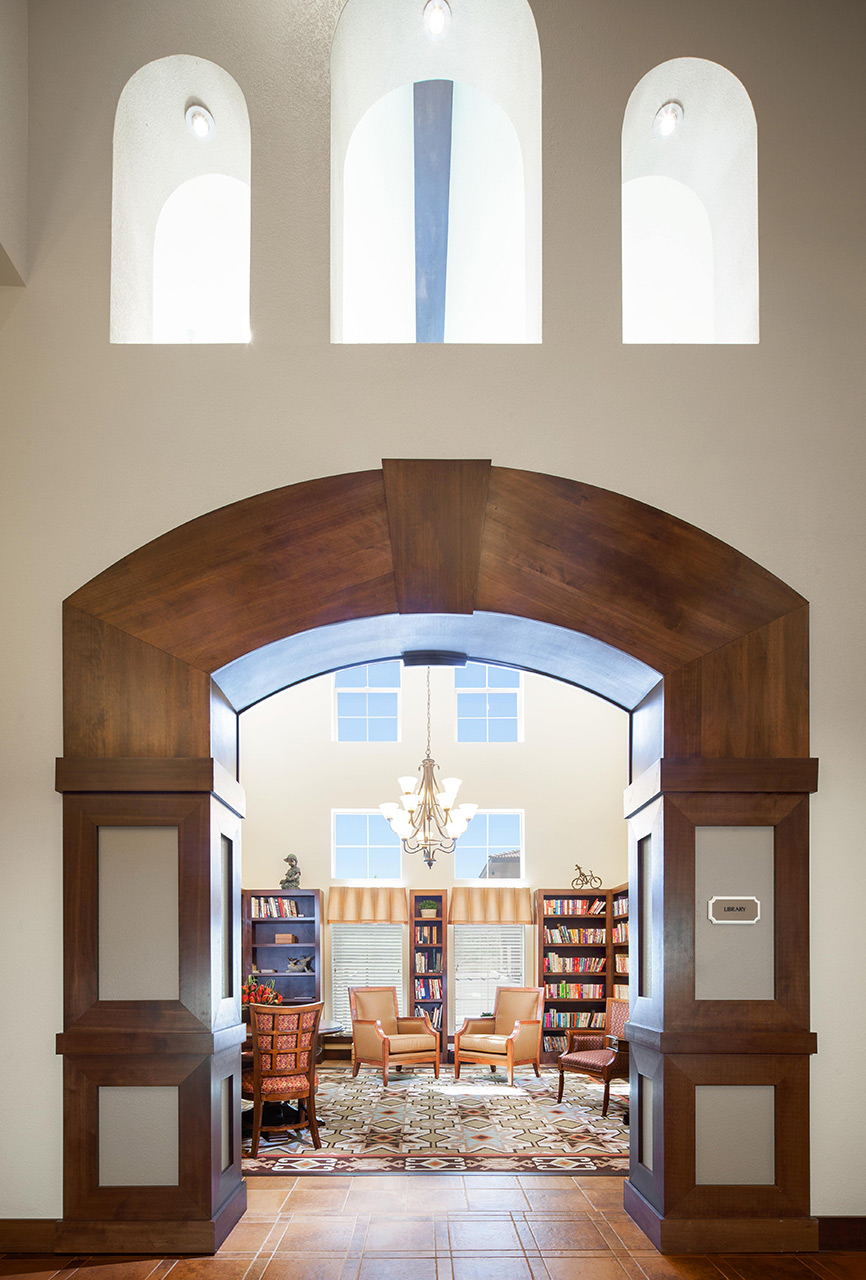 The entrance to the library at White Cliffs Senior Living.