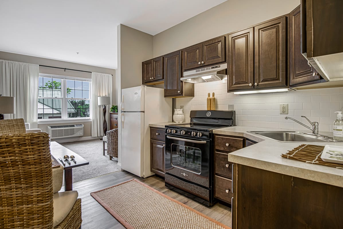 A kitchen in an apartment at Woodbury Mews.