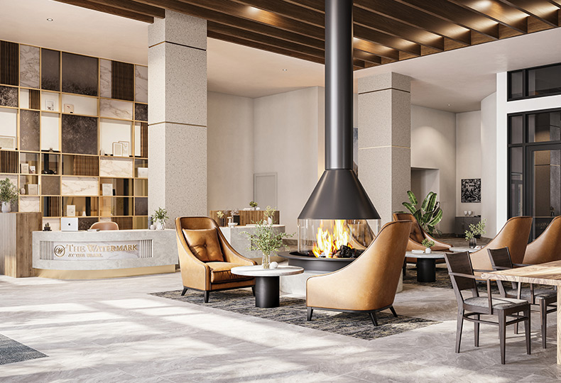 A new modern lobby area with front desk.