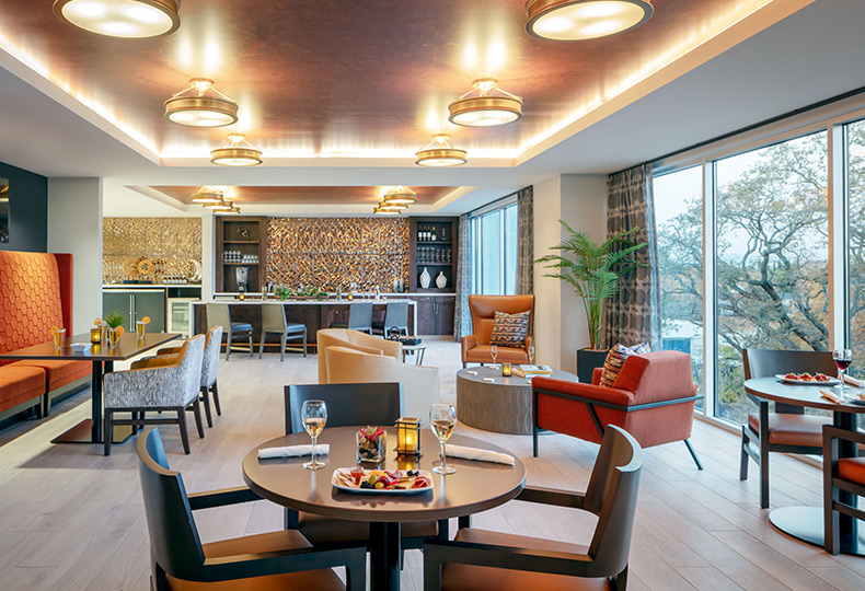 A colorful dining area with food on the table.
