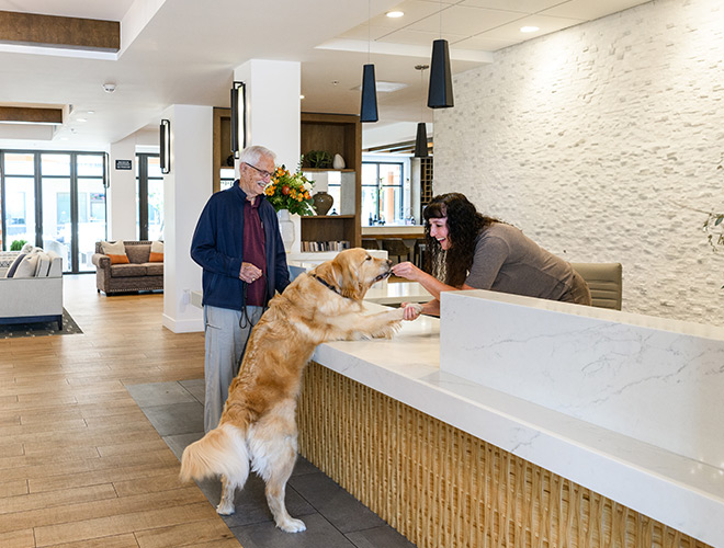 A person at a front desk giving a dog a treat.