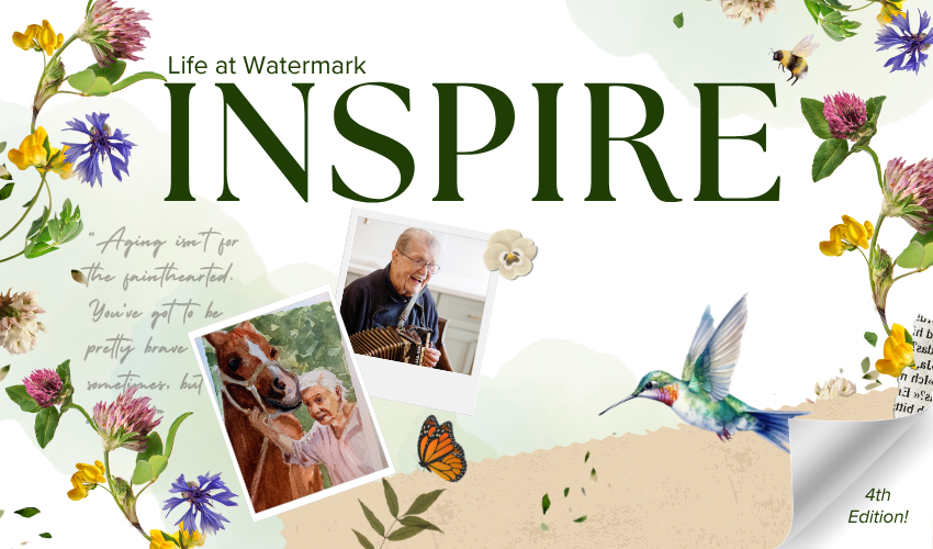 A polaroid of a person with an accordion, and a painting of a person with a horse on a background with flowers and a bird.