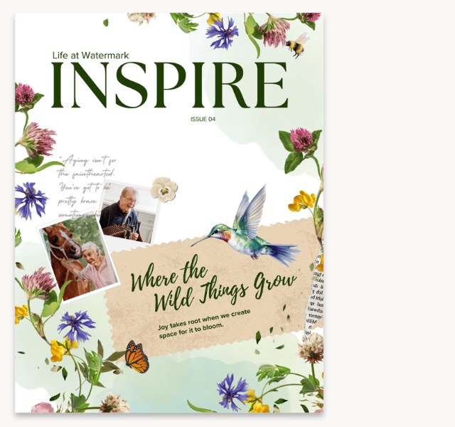 Cover of 4th edition of Inspire Magazine with flowers and birds in a scrapbook style.
