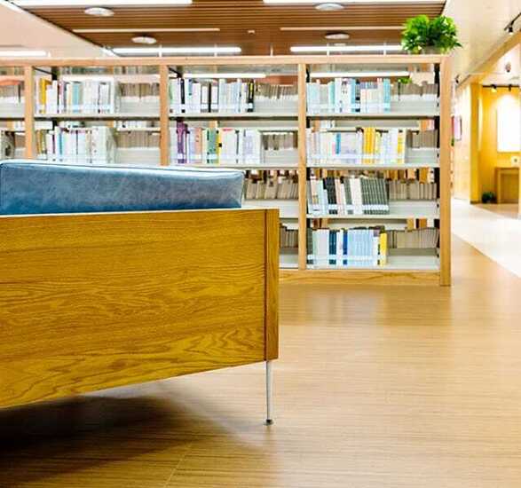 Public Library with shelves filled with books.