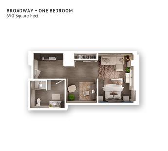 An assisted living suite floor plan with one bedroom and approximately 690 square feet.