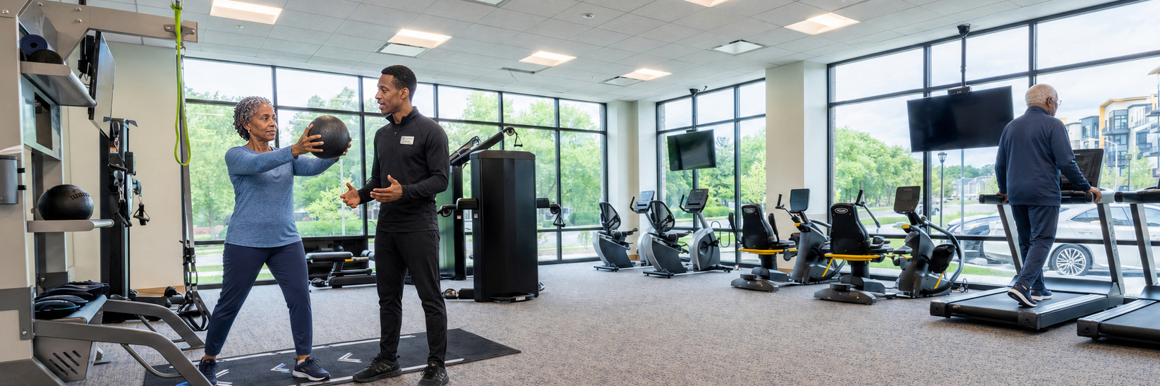 Residents in the gym with a wellness coach.